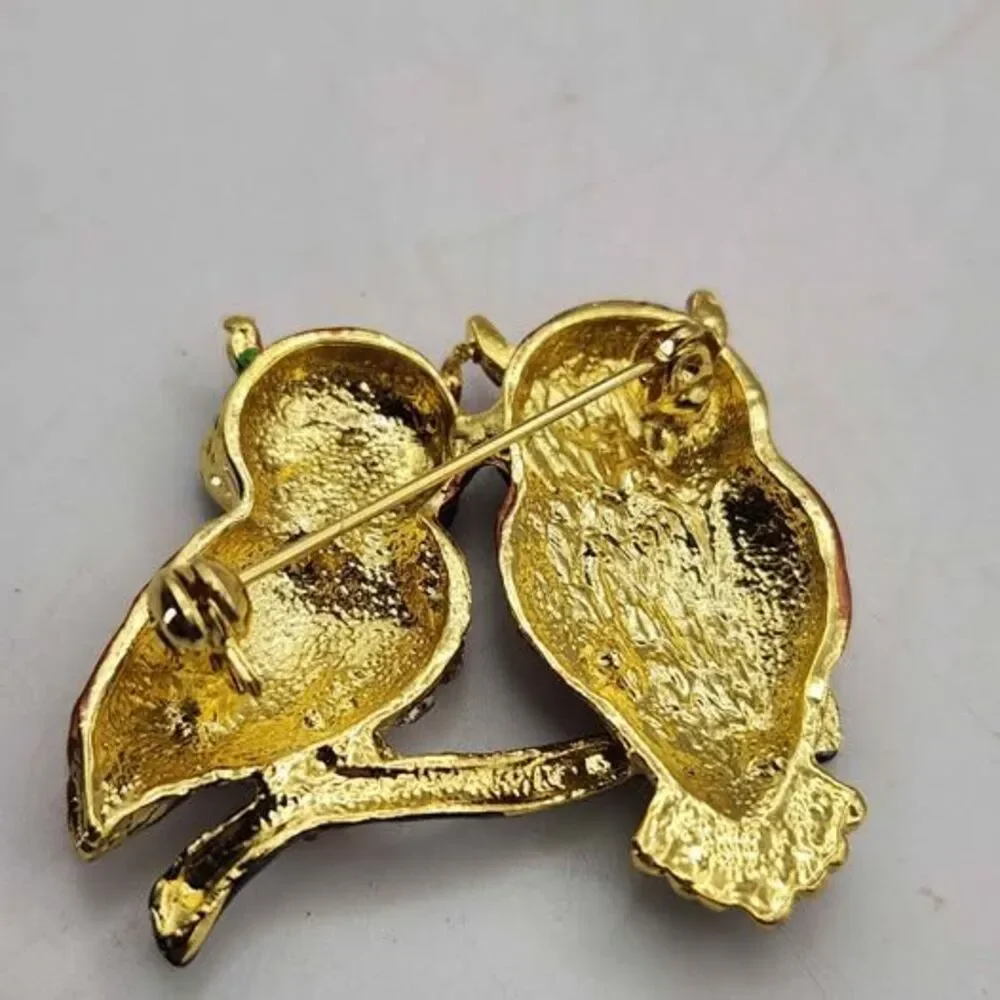 Vintage Style Rhinestone and Enamel Two Owls Brooch Pin